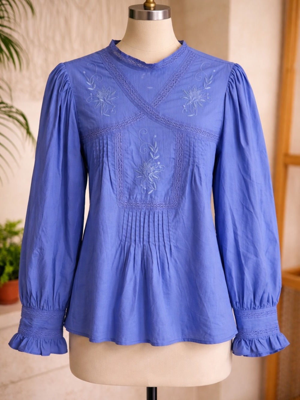 Camellia Blue Embroidered Long-Sleeve Women's Top